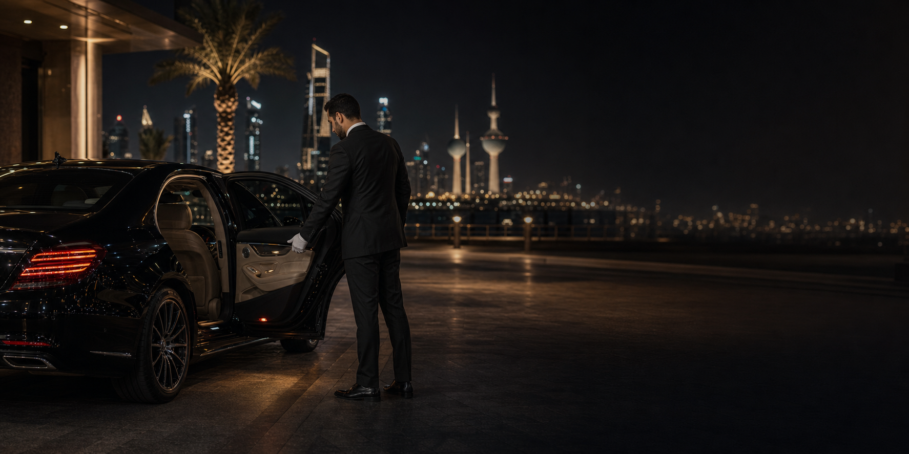 Mashaweer chauffeur opening a luxury car door in Kuwait